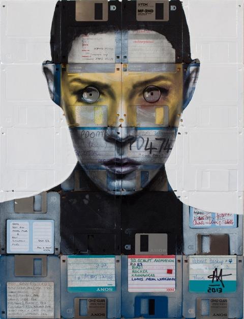 Nick Gentry - "Invader" - 47 x 36, Oil paint and used computer disks on wood, 2013