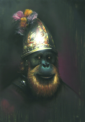 Guido Zimmermann - Der Affe mit dem Goldhelm - Acryl, Sprühfarbe 100x70 2014
