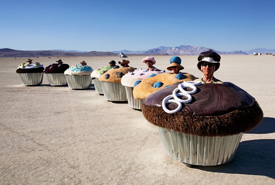 Cupcake Cars, 2006, by Lisa Pongrace, Greg Solberg and the Acme Muffineering team.  Rolling cupcake and muffin vehicles roam the vast expanse of Nevada’s Black Rock Desert at the Burning Man art festival, 2006. Each car is unique, and