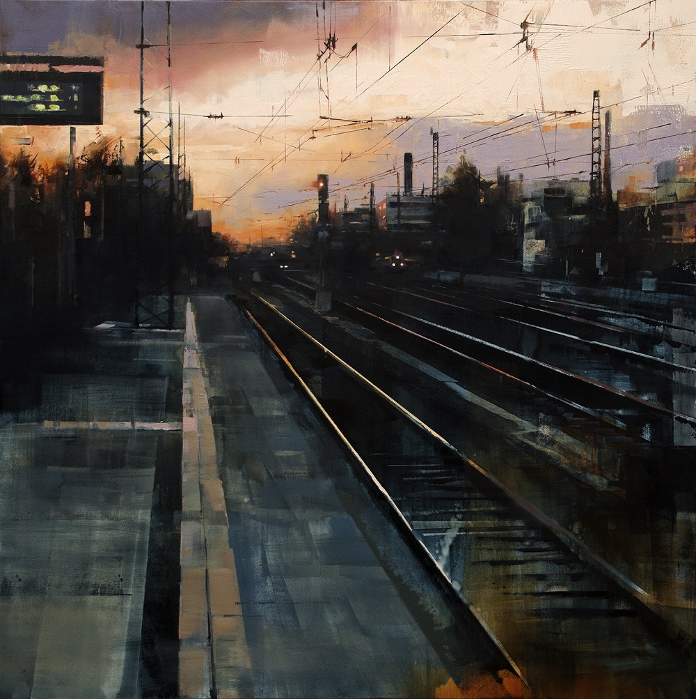 lukas frese |station at nightfall |Öl auf holz | 80 x 80 cm |2016