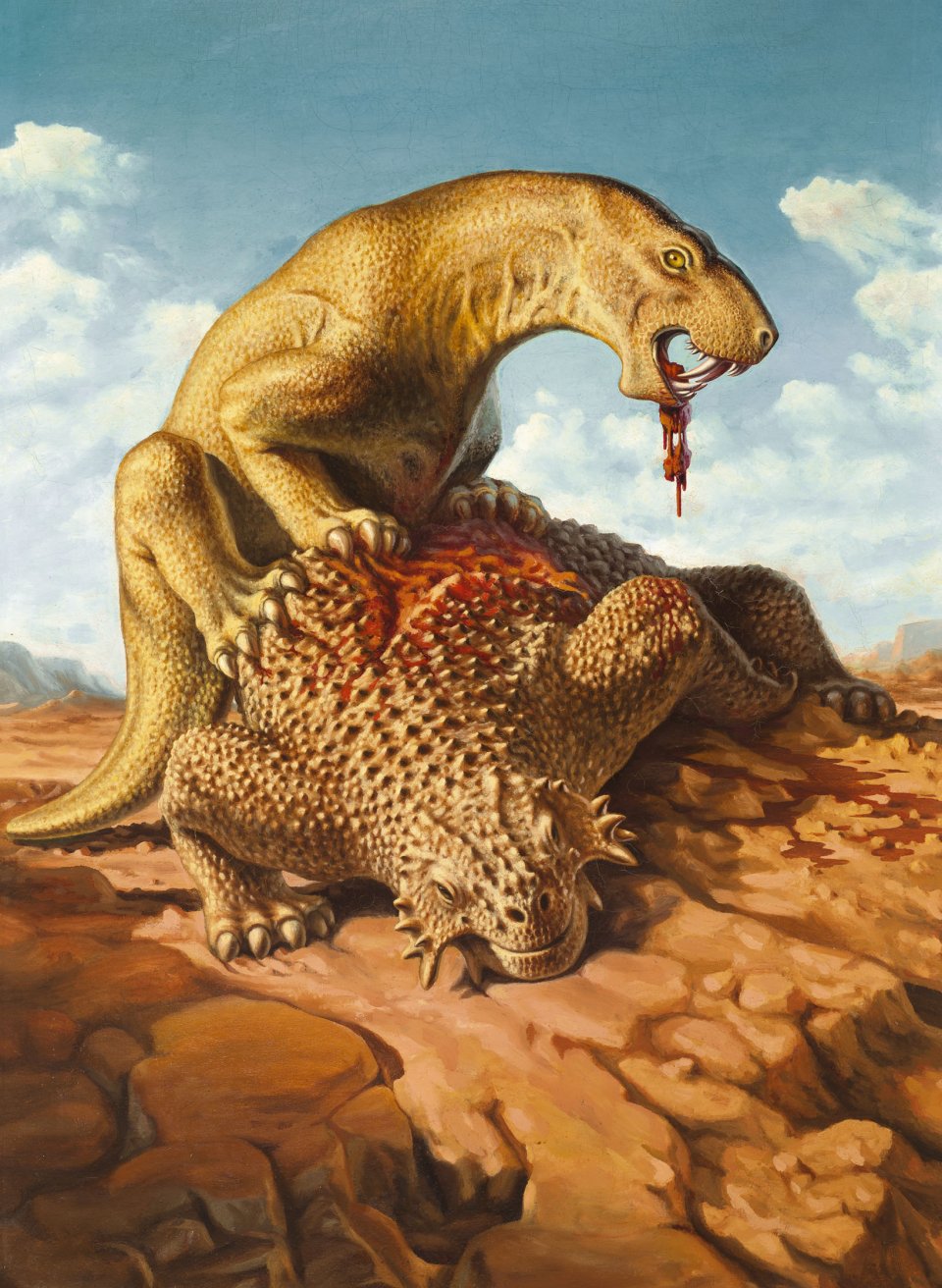 Inostrancevia, devouring a Pareiasaurus Alexei Petrovich Bystrow, 1933 These two species cropped up regularly in Soviet–era paleoart. Konstantin Konstantinovich Flyorov, who painted the same beasts early in his career, despised Bystrow’s interpretation, snidely calling the rival artist “color blind.” Copyright: Borrissiak Paleontological Institute RAS