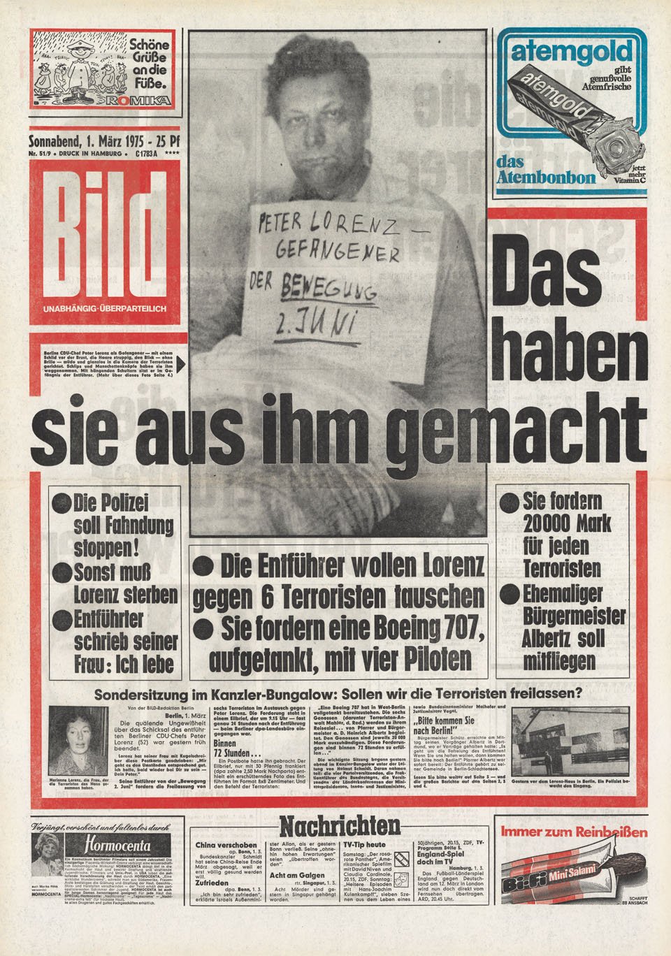 Bildunterschrift: Titelseite BILD, 01.03.1975 | Copyright: Axel Springer AG