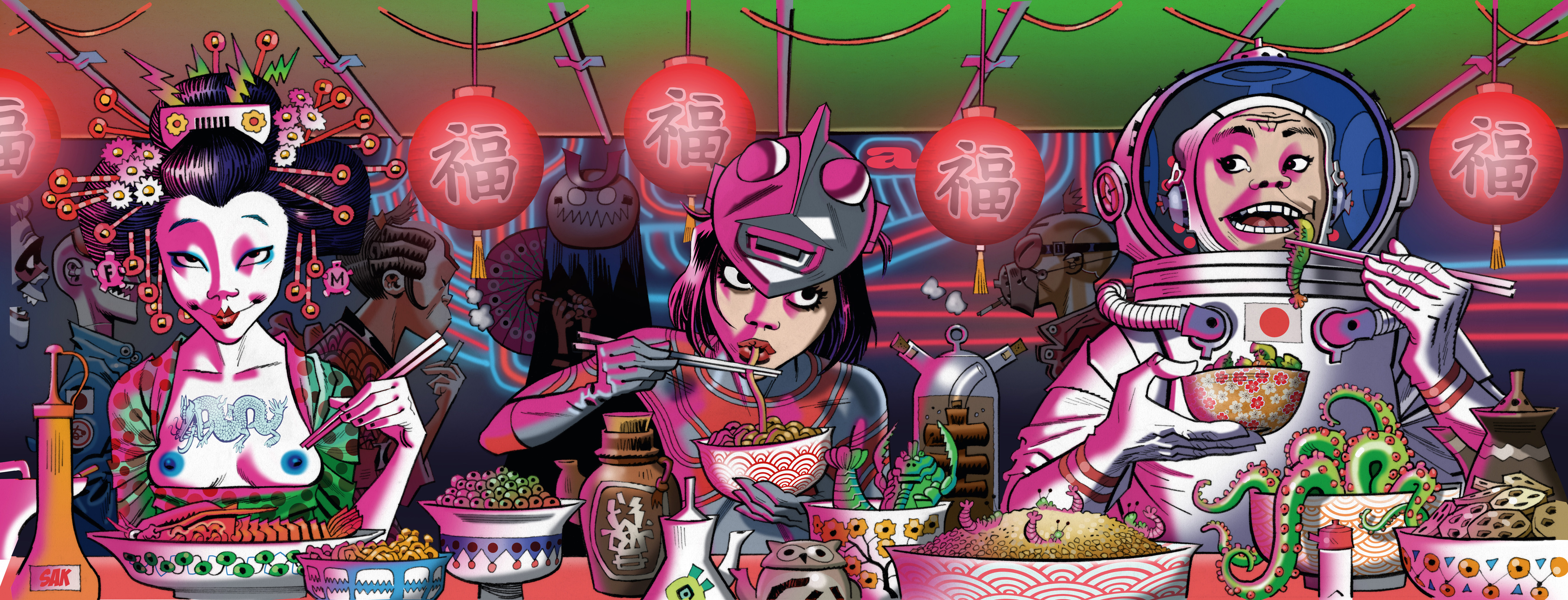 Copyright: © Jamie Hewlett Caption: p. 242 Blue Nips, Ultra Girl and Yuri Tempura, the Sushi Lovers | 2015 Comissioned work designed for the opening of Japanese restaurant Roka, Charlotte Street. The work is hanging in the downstairs bar of the restaurant.