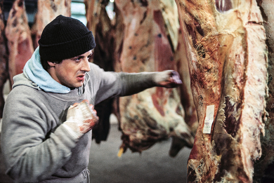 Rocky (1976) Rocky (Sylvester Stallone) pounds the beef as part of his training regime. Stallone: “The beefs were used simply as a metaphor for the fighter’s point of view while training. In other words, his opponents become nameless meat — indifferent, meaningless,dangerous meat.”