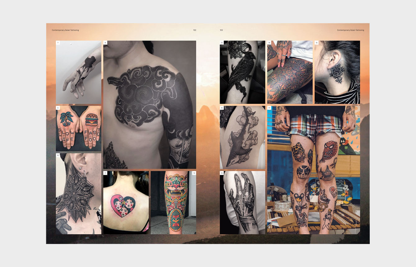 Seite: 102 und 103 | 7, 13: Aru, Tattoo | 8: Apro Lee | 9: Wan Tattooer | 10; 14: Mico Tattoo | 12: K. Lee | 16: Ildo | 17: Woohyun Heo | 18: G. Ghost © Laurence King Publishing